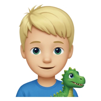 A smiling blond boy with blue eyes wearing a green dinosaur T-shirt sticker