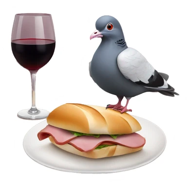 Pigeon with a PSG football club hat enjoying a red wine glass and lying on a ham and butter baguette sandwich sticker