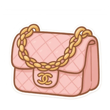 pink Chanel purse with a quilted pattern and chain strap, cute and exaggerated chibi stickers style sticker