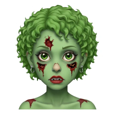 faça uma cabeça verde de zumbi femenina, com im cabelo curtinho cacheado, piercing no nariz, e brincos na orelha e várias cicatrizes sticker