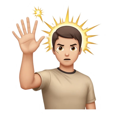 person aiming open palm hand at viewer, hand takes up most of the image, wrathful destructive facial expression, lightning blasts in background sticker