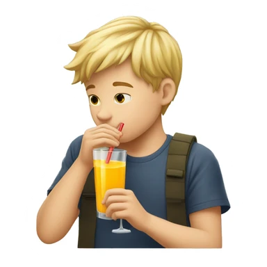 A blonde boy sucking or drinking juice with a straw while his hand is holding the drink, profile view sticker