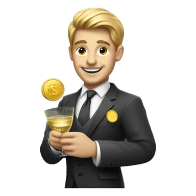 Smiling person in a tailored suit holding a gold coin in one hand and a champagne glass in the other, with dollar signs sparkling in their eyes sticker