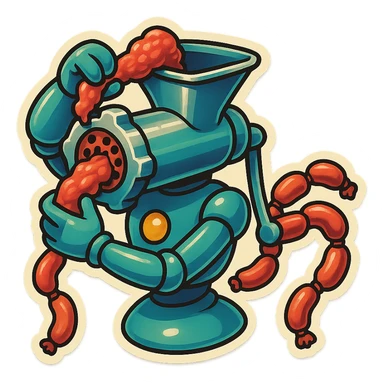 a robot that has a large meat grinder for a head. 2 arms that stuff meat into its meat hole. meat is processed and sausage links come out of the rear. The robot doesnt have legs it hovers.style is not lifelike. sticker or emoji style. robot feeds itself meat sticker