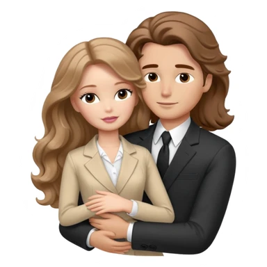 White Barbie girl Chestnut long wavy hair sleeping with In beige clothes, Hugs a man with brown hair, brown eyes and a black suit sticker