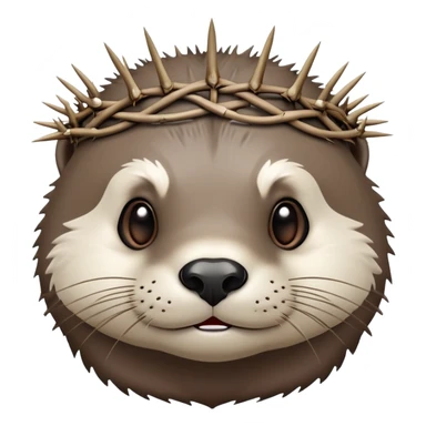 really cute confused otter face with simple thorny stem wrapped horizontally around its forehead like Jesus Christ's Crown of thorns, no crown shape on top, just thin spiky branches circling the forehead sticker