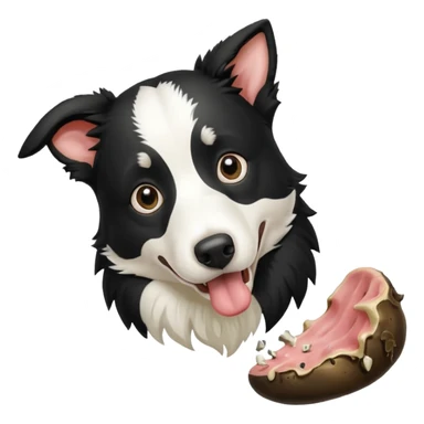 A black and white border collie is chewing on a rotten, smelly cow's hoof. sticker