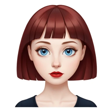 Artistic young woman with pale skin, oval face, large expressive blue eyes with eyeliner, thin arched eyebrows, small nose, full lips with red lipstick, dark auburn hair that's straight with slight waves at ends, straight bangs, wearing a black top, warm creative expression sticker