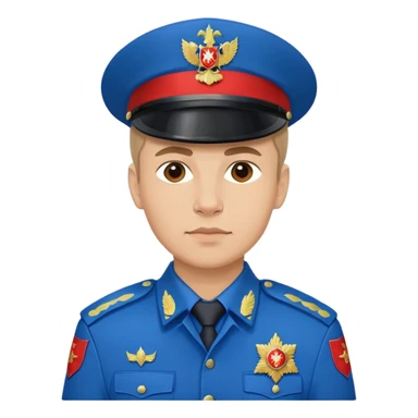 Russian police officer with blue uniform and traditional peaked cap with red band sticker