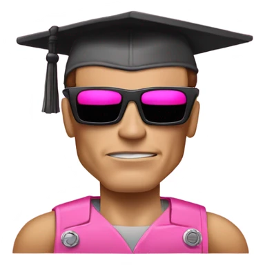 Schwarzenegger-like Terminator, upper body only, wearing his iconic clothes in pink, with a pink graduation hat, looking more human with minimal robotic details, and wearing dark sunglasses. sticker