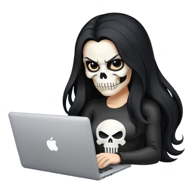 female Punisher skull with long flowing black hair working on a laptop sticker
