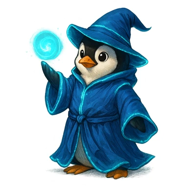 penguin wizard casting a spell wearing a blue robe with glowing effects sticker