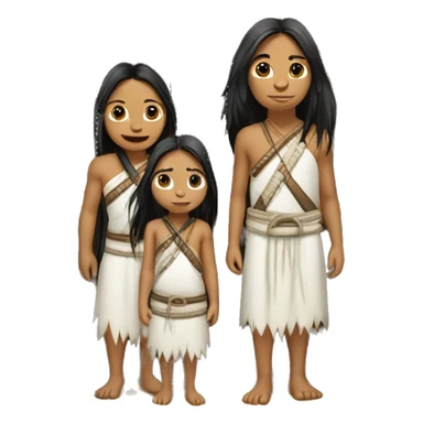 Koguin indigenous family at the door of a hut with white clothing and long hair sticker