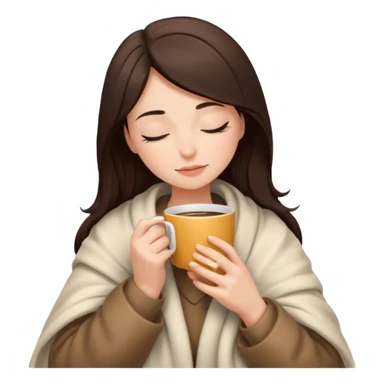 brunette girl snuggled in a blanket, sipping coffee, eyes closed sticker