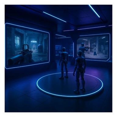 virtual combat training space, modern simulation room, interactive screens, robotic trainers, blue and purple tones, no text sticker