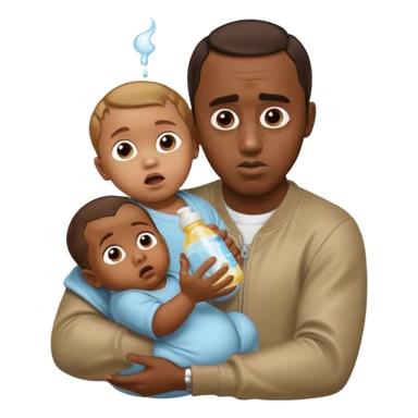 Sean “Diddy” Combs with baby oil and a very small infant and he’s pouring the baby oil on the baby and they have a scared face they’re really scared sticker