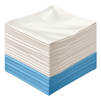 neat stack of soft white paper napkins, square or rectangular, slightly textured edges, faint embossed border, top napkin slightly lifted or curled to suggest flexibility, soft lighting, subtle shadows, emoji scale sticker