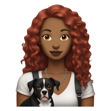 Long Red haired woman with septum piercing holding black and white English Staffordshire dog sticker