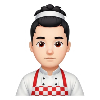 big boy with black hair in a topknot, wearing a white apron with red squares pattern sticker