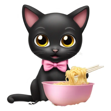 female cute black cat with big eyes and pink bow tie, eating noodles sticker