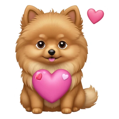 A Tan Pomeranian holding a pink star with hearts sticker