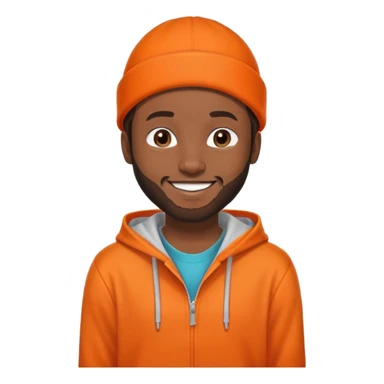 African yound man in his late 20s with a beanie and a bright smile with a short boxed beard, and a low cut hair, orangehoody sticker