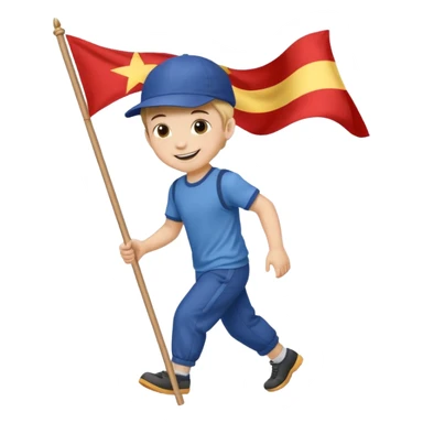 A small boy in a cap, smiling brightly while dragging a flag slightly bigger than him. sticker