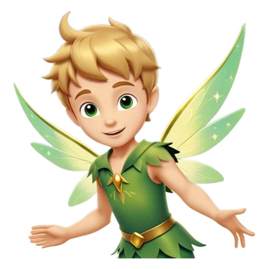 cinematic-realistic-peter-pan-portrait, head tilted dramatically with an exaggeratedly amused expression and sparkling eyes brimming with playful mischief, his iconic outfit rendered in vivid detail with dynamic shadows, soaring through the air accompanied by a glowing Tinker Bell, whose delicate wings leave a trail of shimmering pixie dust across a whimsical sky. sticker