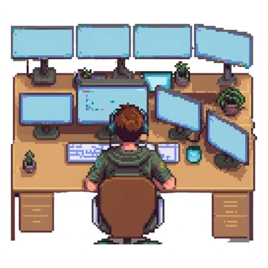 coder at a desk with multiple monitors, pixel art style sticker