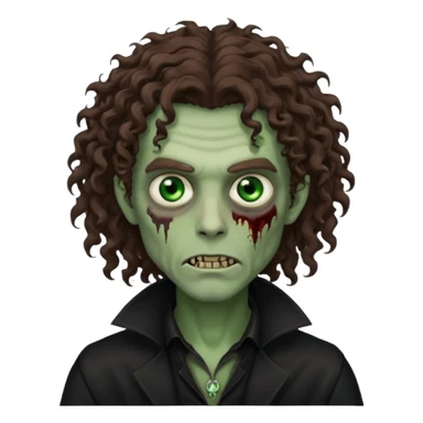 long curly haired male zombie with brown hair color and green eye color, with dark vampire clothes sticker
