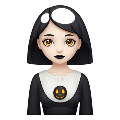 Stylized cult cartoon girl emoji, eerie-cute aesthetic, symmetrical design, subtle spooky vibe, glowing eyes, saying “AMILK”, bold graphic icon sticker