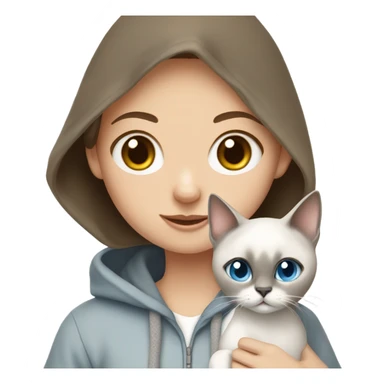 girl with brown hair and hazel eyes and freckles, wearing a hoodie, holding a Siamese cat that is white and gray and the cat has blue eyes  sticker