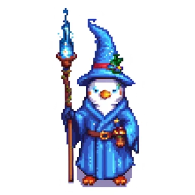 pixel art penguin wizard with a blue robe and starry hat, casting a spell sticker