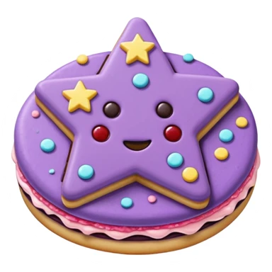 a pastel purple sandwich cookie with soft crumbly texture, a star-shaped jam cutout in the center showing glossy dark berry filling, and creamy filling with colorful sprinkles.  sticker