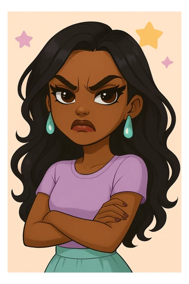 Change her expression to angry, keep her as a 20-year-old anime Bratz style woman with dark skin, dark hair, cute pastel Y2K look, big expressive eyes, and glossy lips. Maintain the anime Bratz style and the original look except for the angry expression. sticker