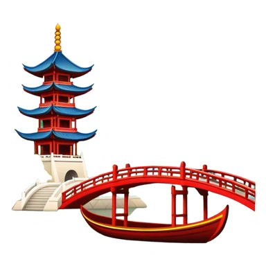 Hangzhou West Lake with traditional boat and bridge, simplified emoji style with bold outlines and bright colors, cartoon style pagoda by lake sticker