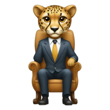 A cheetah wearing a suit looking straight while sitting in a chair sticker