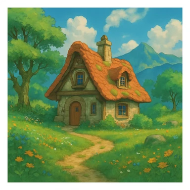 a cozy cottage in a magical landscape, ghibli style sticker