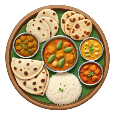 Indian food thali with curry, naan bread, and rice sticker