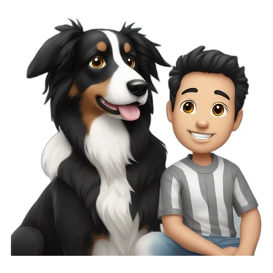 A family photo of a 30-year-old boy with very long black hair next to a black and white border collie sticker