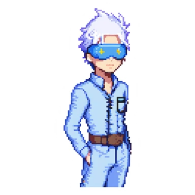 Gojo Satoru, pixel art, small sprite, white spiky hair, blue blindfold, simple outfit sticker