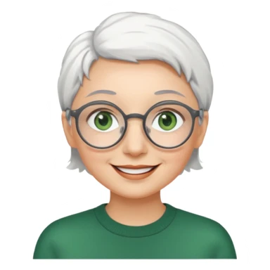 visage femme a lunettes ronde avec cheveux courts gris-blancs aux yeux verts qui souris sticker