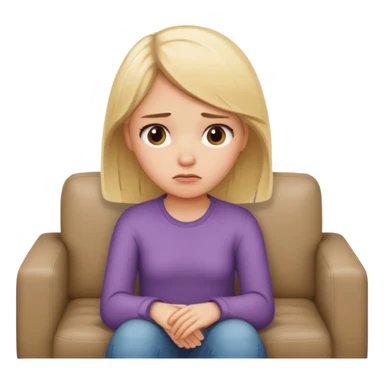 A young blond wowan sittingvon the couch and having the blues sticker