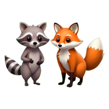 raccoon and a fox in a colorful forest with vibrant green trees, bushes and flowers. The animals are in the foreground, surrounded by a lush, bright forest, with soft sunlight filtering through the leaves. A playful and wild scene with a transparent background. sticker