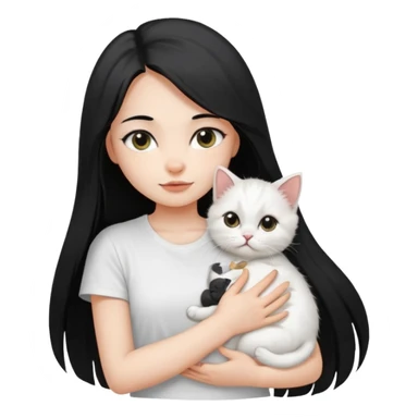 a girl with long dark black straight hair, in a white t-shirt, hugs a persian kitten 3 months old had a half spot black on her face and white one cat. emoji | AI Emoji Generator sticker