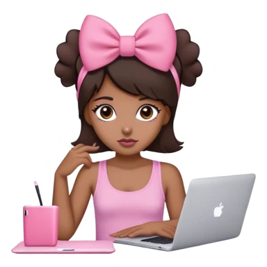 brown girl with dark brown hair with Mac book in front of her and a pink bow on her head dark brown eyes pink tank top and a little bit of blush  sticker