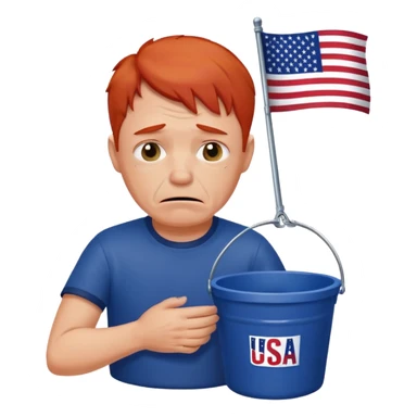 short red haired older man crying into bucket with USA flag on it sticker