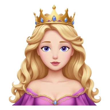 Cinematic Realistic Sleeping Beauty (Aurora) Portrait, with porcelain-like skin featuring a natural rosy flush, illuminated by soft lighting that highlights the gentle contours of her face. Her golden blonde hair flows in soft, detailed waves with subtle highlights that shimmer in the light. Her deep violet-blue eyes radiate warmth and innocence, framed by arched brows and long lashes. Her serene expression exudes quiet elegance. She is dressed in her classic pink gown, the fabric rich in texture with delicate folds that catch the light. A golden crown rests atop her head, gleaming with royal refinement. The portrait captures a soft, glowing aura, blending realism with an ethereal sense of beauty and timeless enchantment. sticker