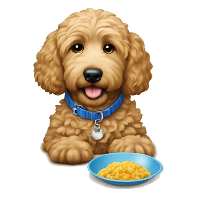 Goldendoodle with blue collar is eating  sticker