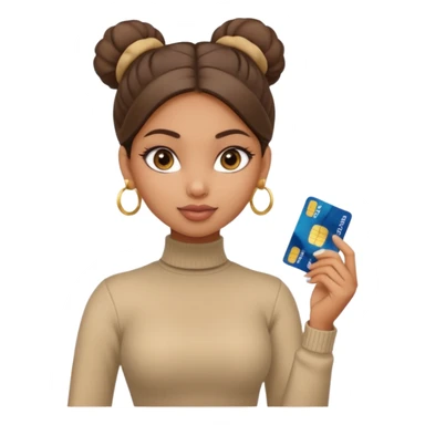 a pretty bratz fair indian girl wearing a beige turtleneck, golden earrings, bun, holding bank cards sticker